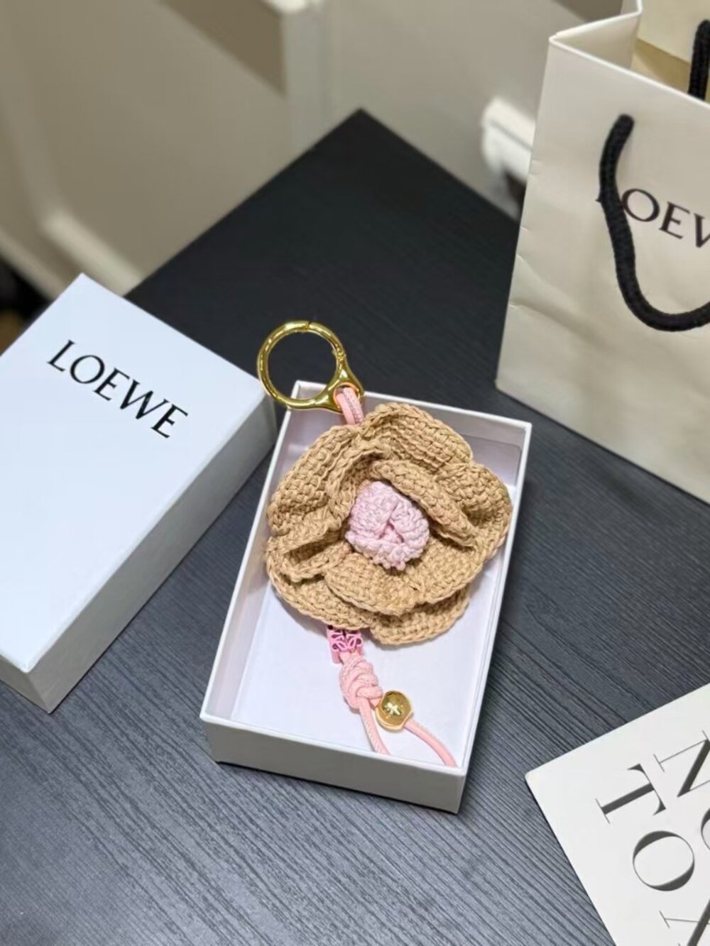 🌼Loewe Woven Flower Bag Charm Keychain with Gold Hardware